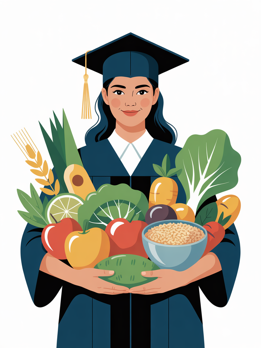 femme diplôme nutrition aliments sciences fond blanc