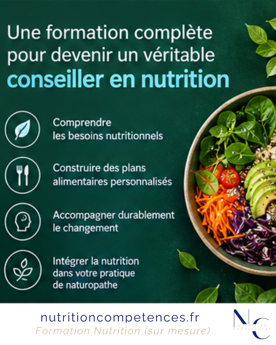 Formation Conseiller en Nutrition avec apprentissage des besoins nutritionnels et des plans alimentaires personnalisés